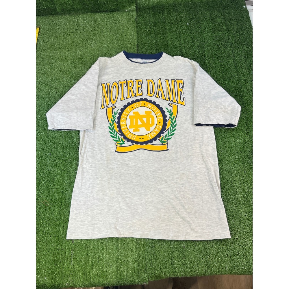 Vintage‎ Notre Dame Fighting Irish Alore Ringer T-Shirt XL Gray Navy Made in USA